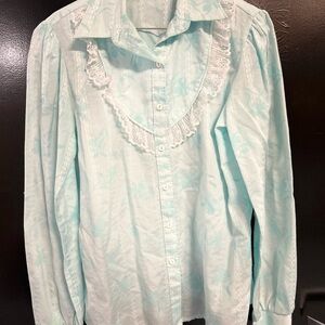 EUC Vintage Western Lace-Trim Button-Down Shirt in Light Aqua Med